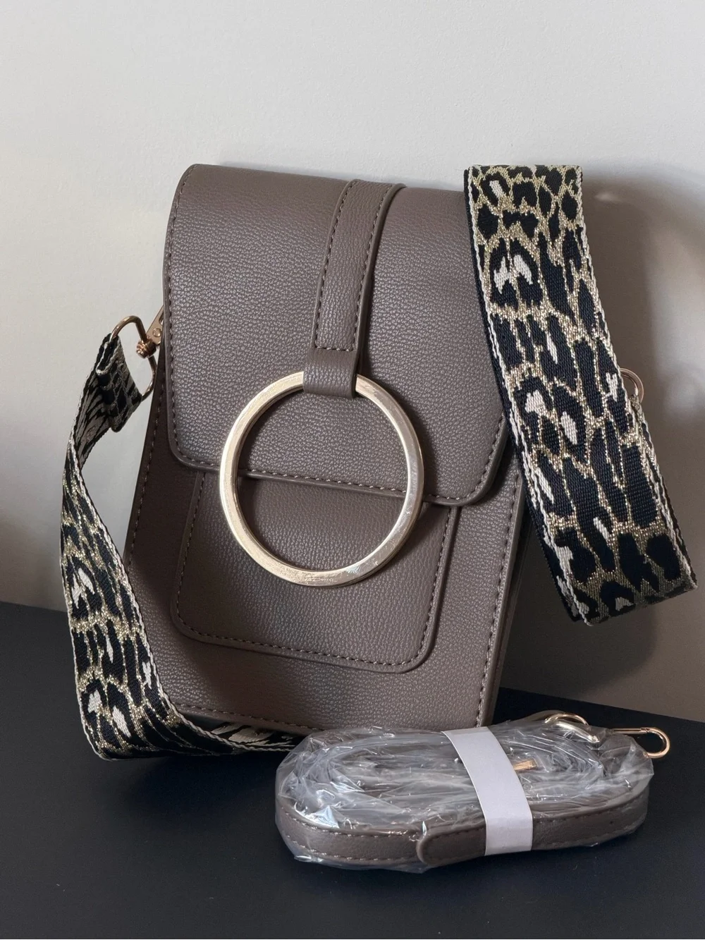 Taupe Crossbody Bag with Gold Ring Accent by Brentano
